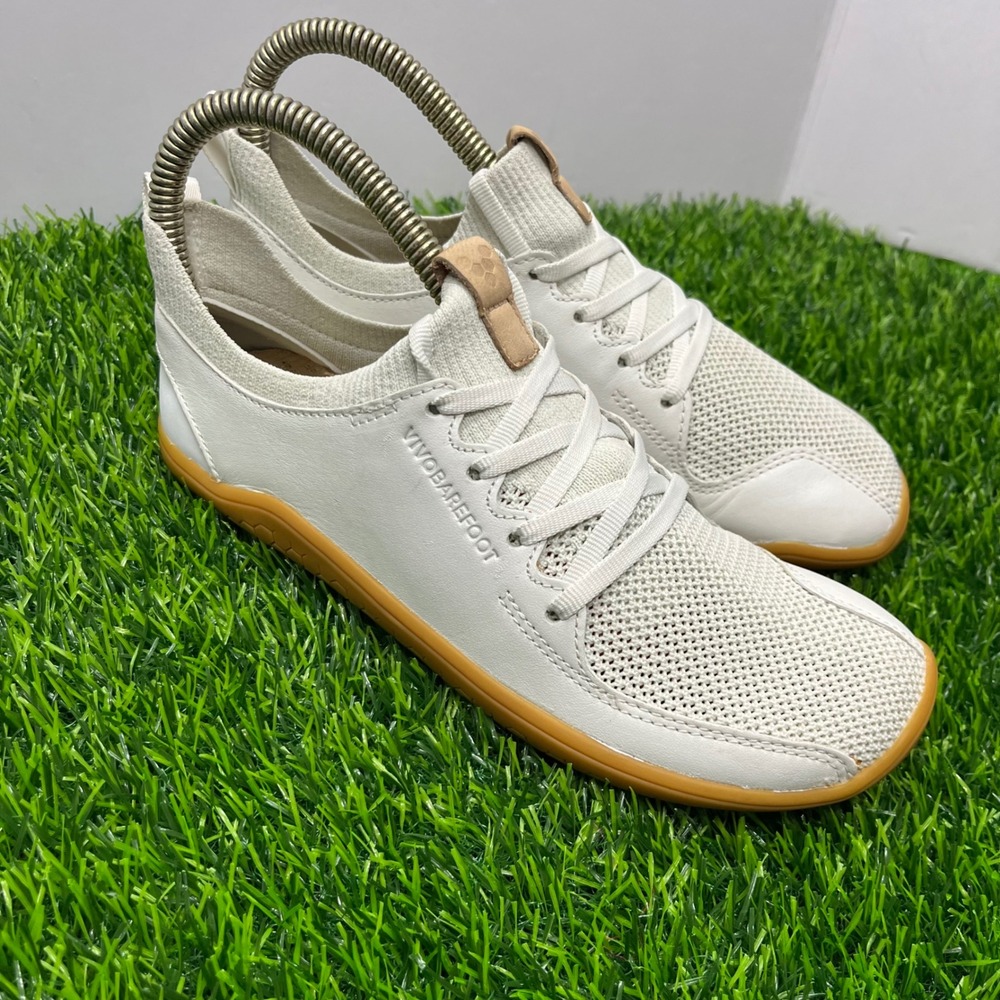 Vivobarefoot Primus Knit Minimalist Sneakers White Leather Gum Sole Shoes 6 US